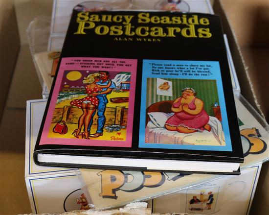 A collection of caricature postcards and 6 mugs